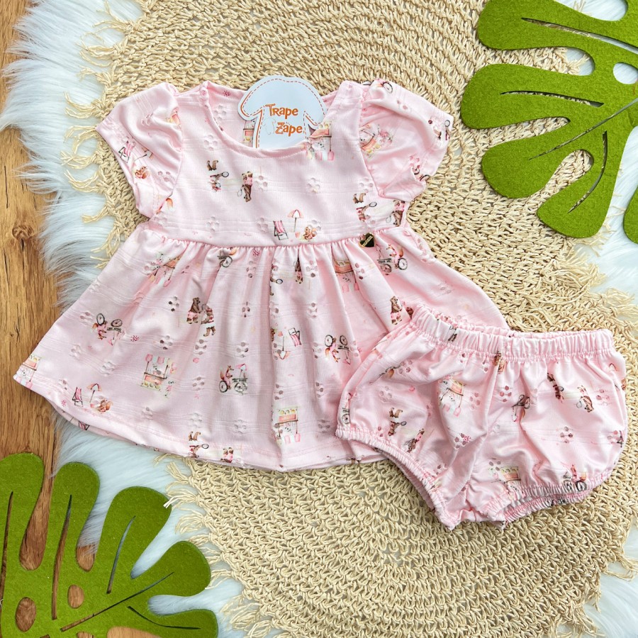 Vestido em Lese e Calcinha Bichinhos - Rosa